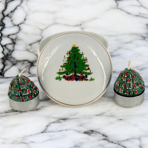 Whimsical Holiday Lidded Trinket Dish Christmas Tree & Tealight Candles - Picture 10 of 10